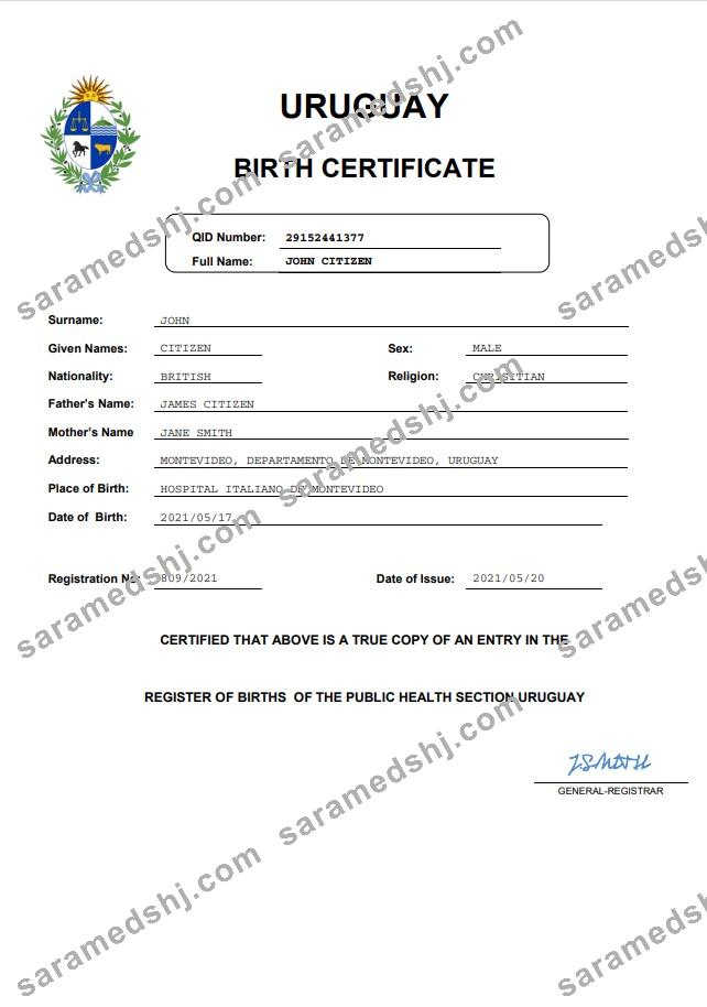 Uruguay vital record birth certificate Word and PDF template